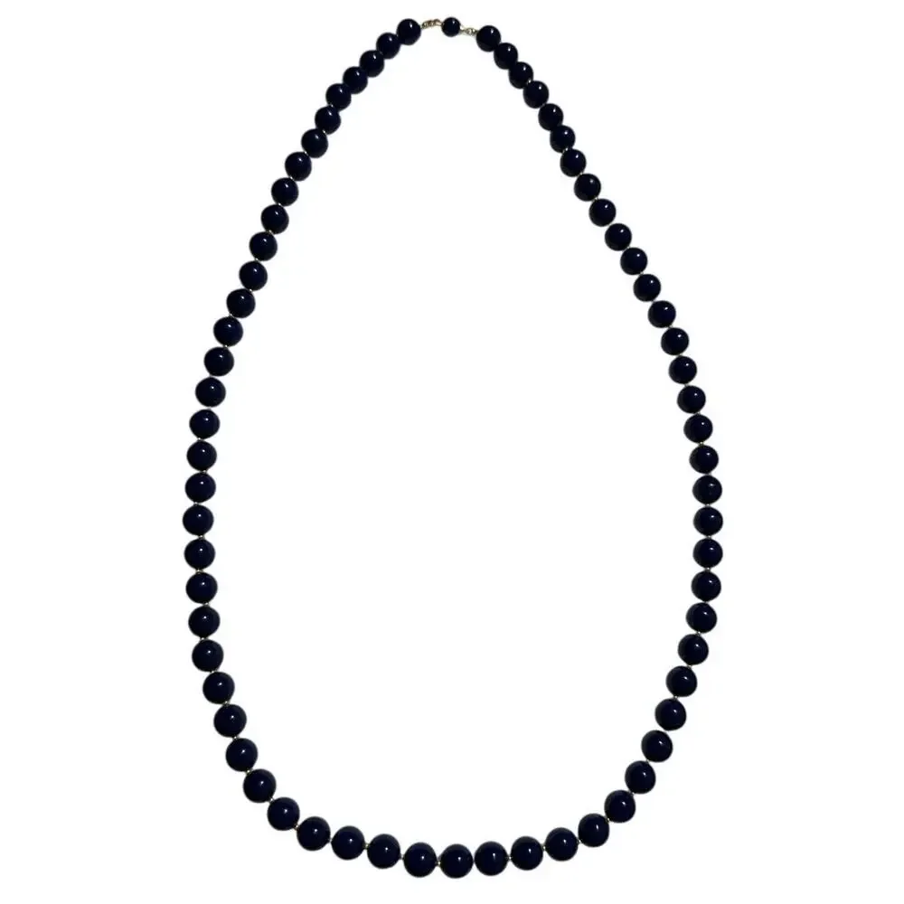 Vintage Navy Blue Beaded Necklace 28 Inch Strand Gold Tone Clasp Classic
